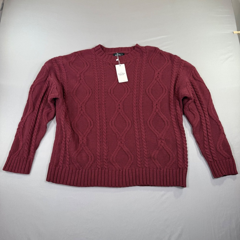 Burgundy Cable Knit Sweater Womens Large Preppy Academia Cabin Cozy Minimal New